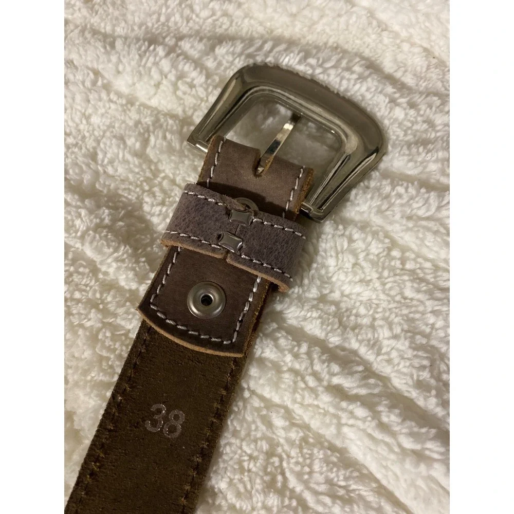 F&L Classic Brown Full Grain Leather Western Belt Silver Engraved Buckle Mens 38
